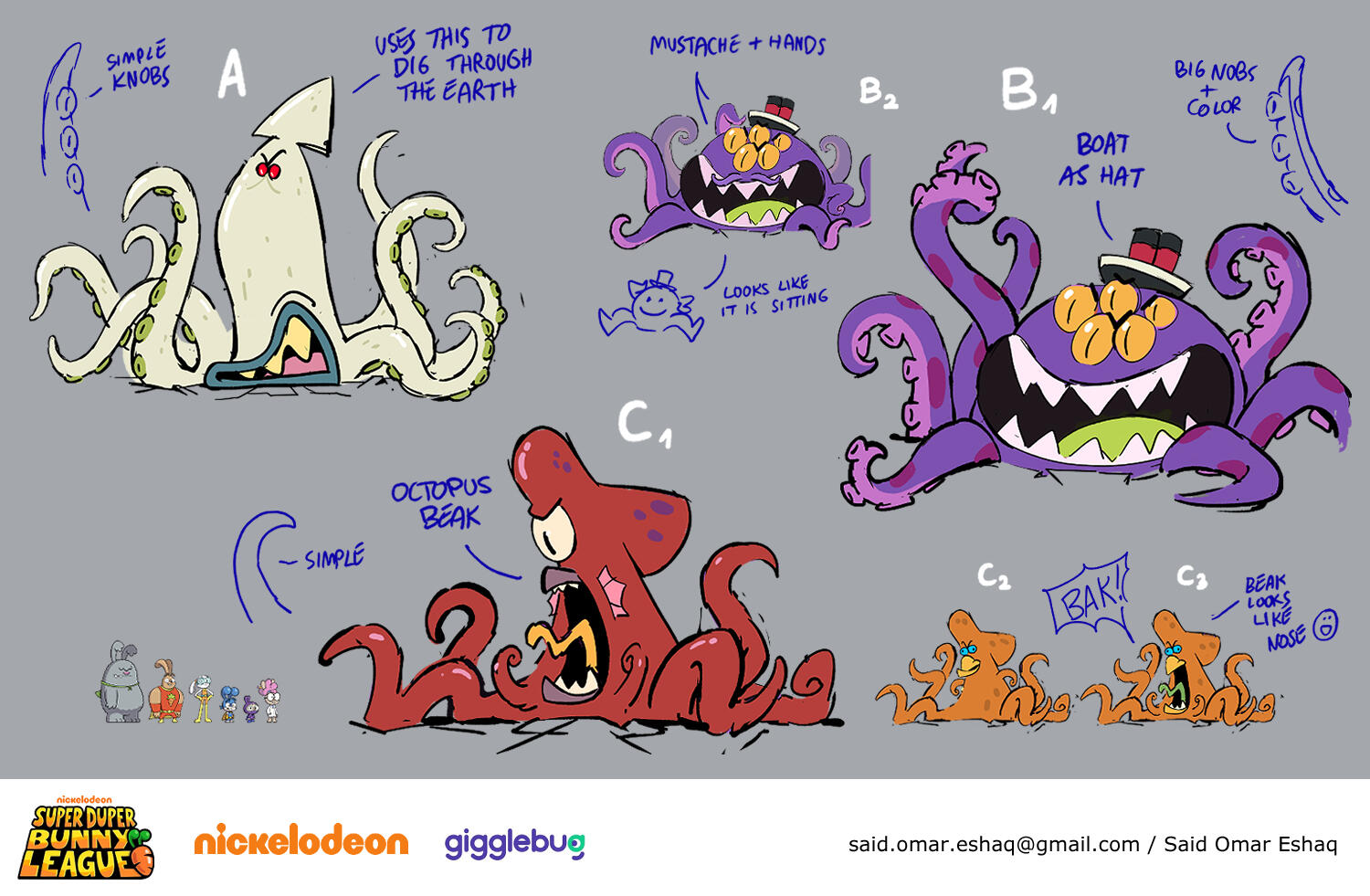 Super Duper Bunny League - MechaRoo Design Ideas and Final Clean Color Design Super Duper Bunny League - Tentacle Monster Design Ideas
