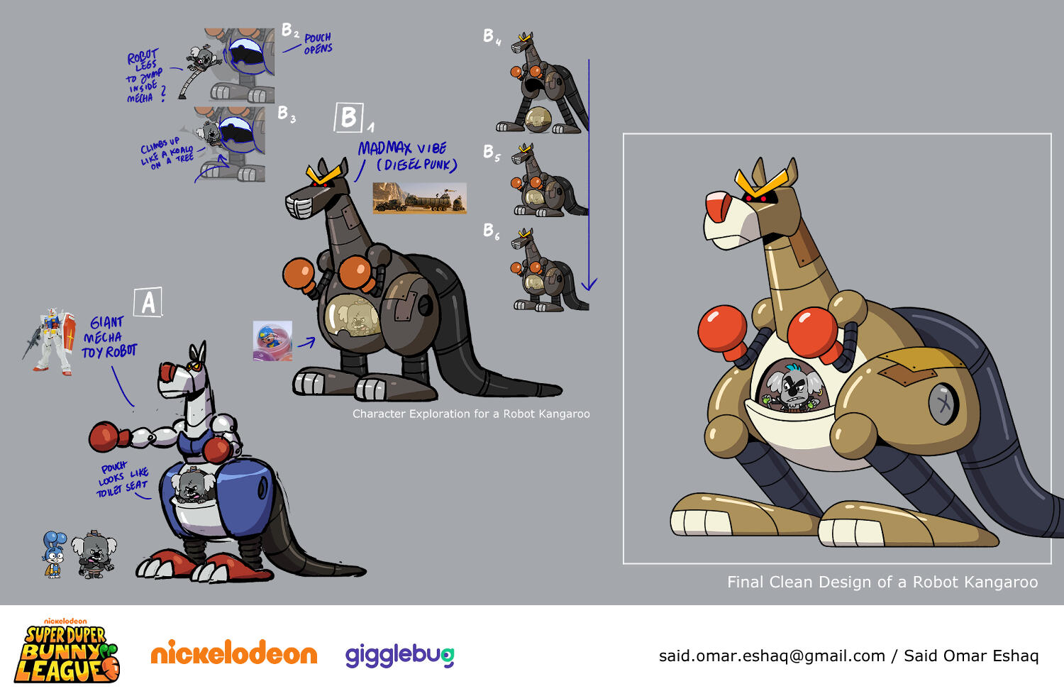 Character design exploration and final clean design of the Mecharoo for Nickelodeon's animated show Super Duper Bunny League