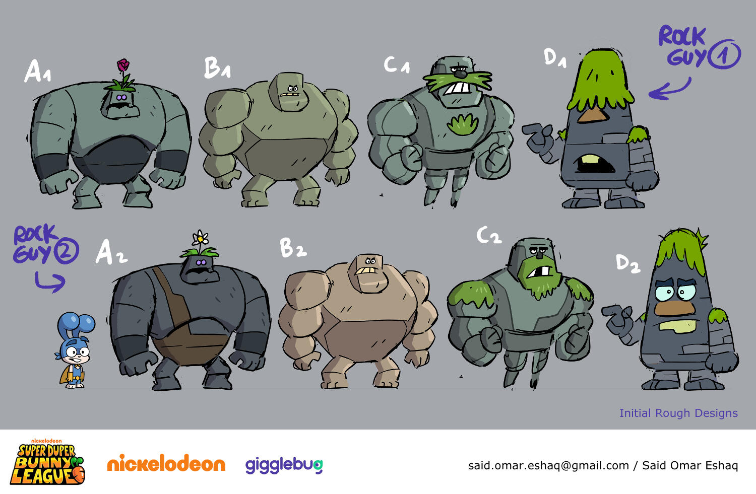 Character design exploration of the Rock Guys for Nickelodeon's animated show Super Duper Bunny League