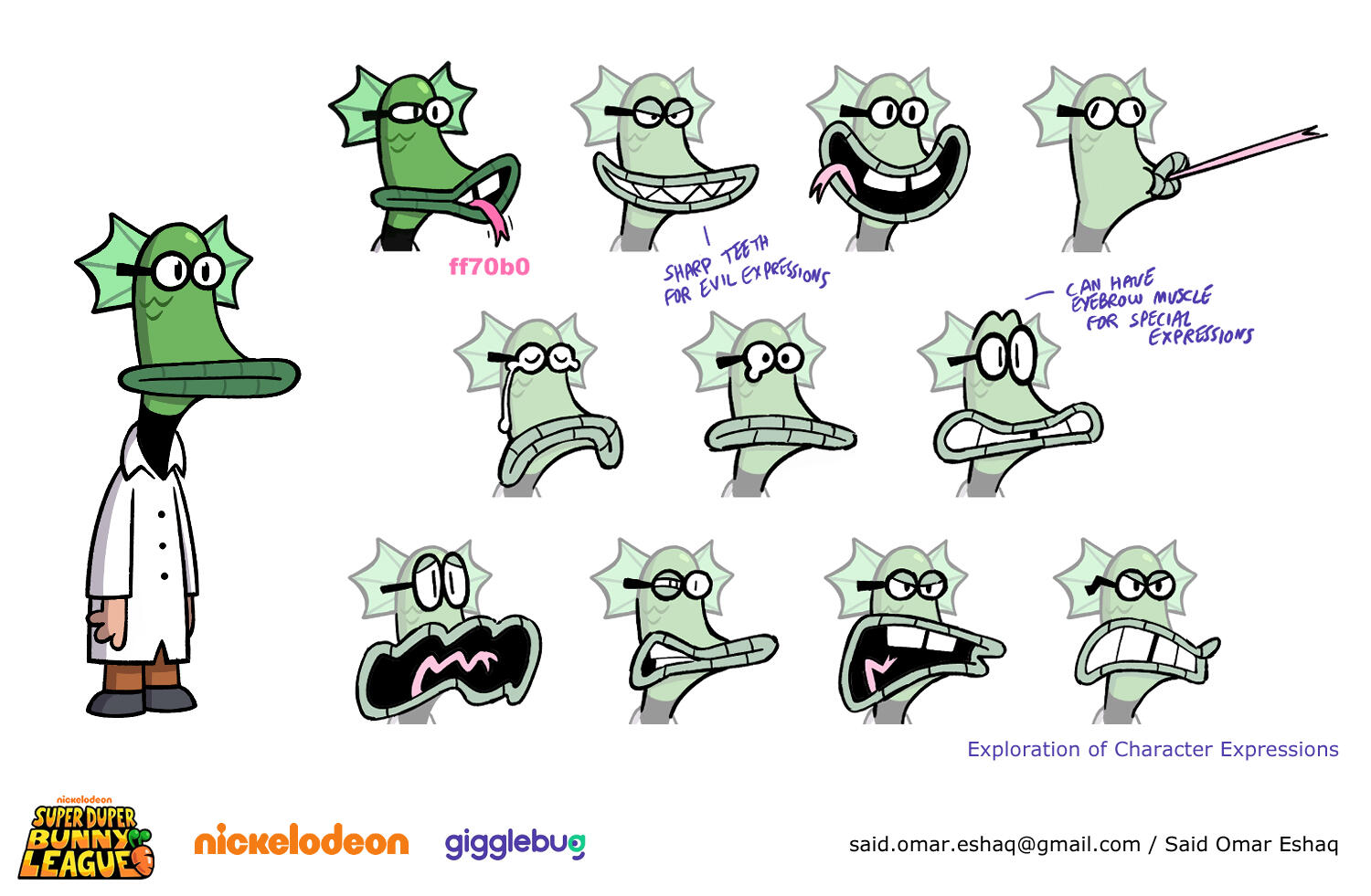 Exploration of expressions of Lizard Lips for Nickelodeon's animated show Super Duper Bunny League