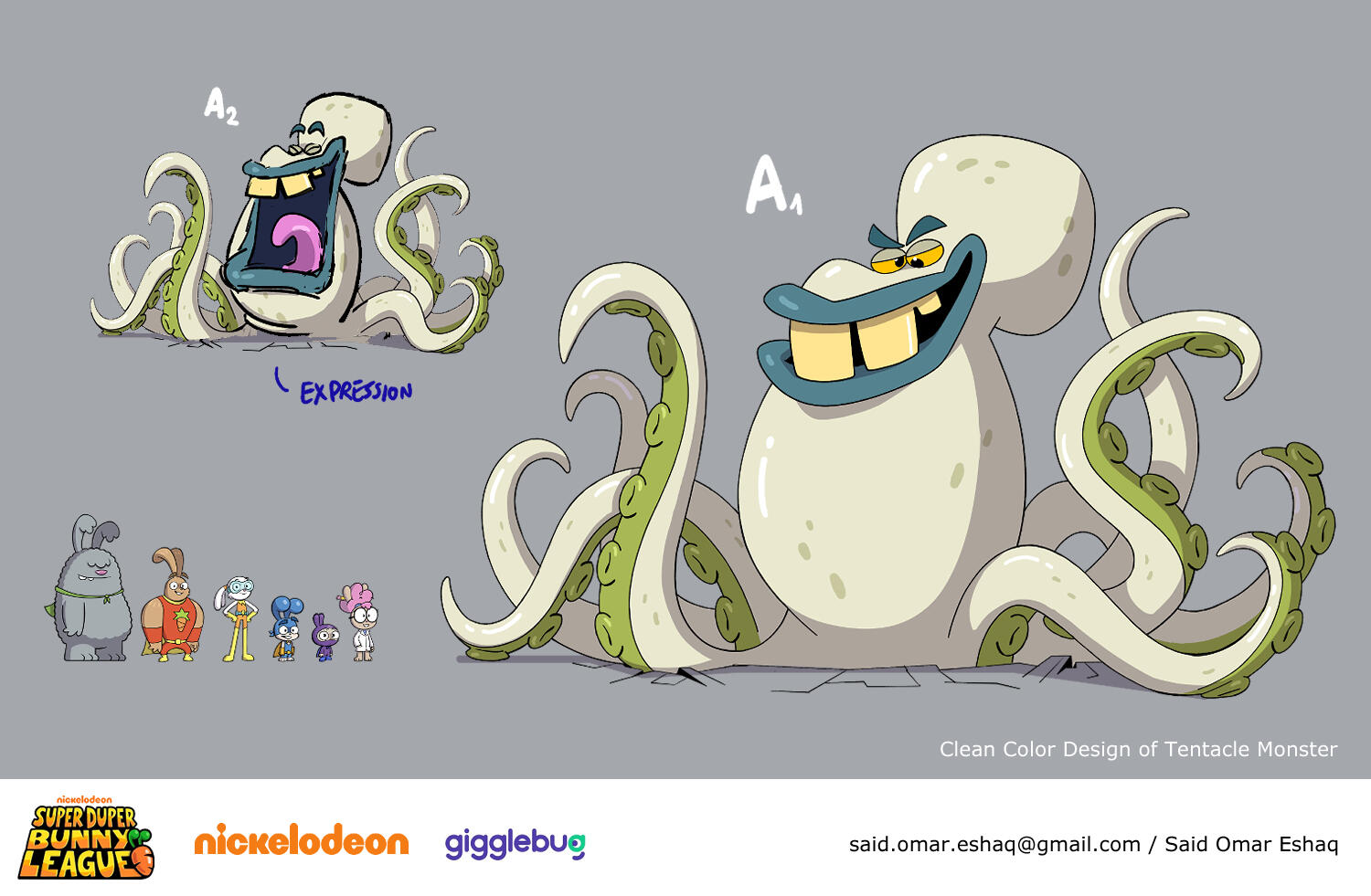 Clean color design of a Tentacle Monster for Nickelodeon's animated show Super Duper Bunny League